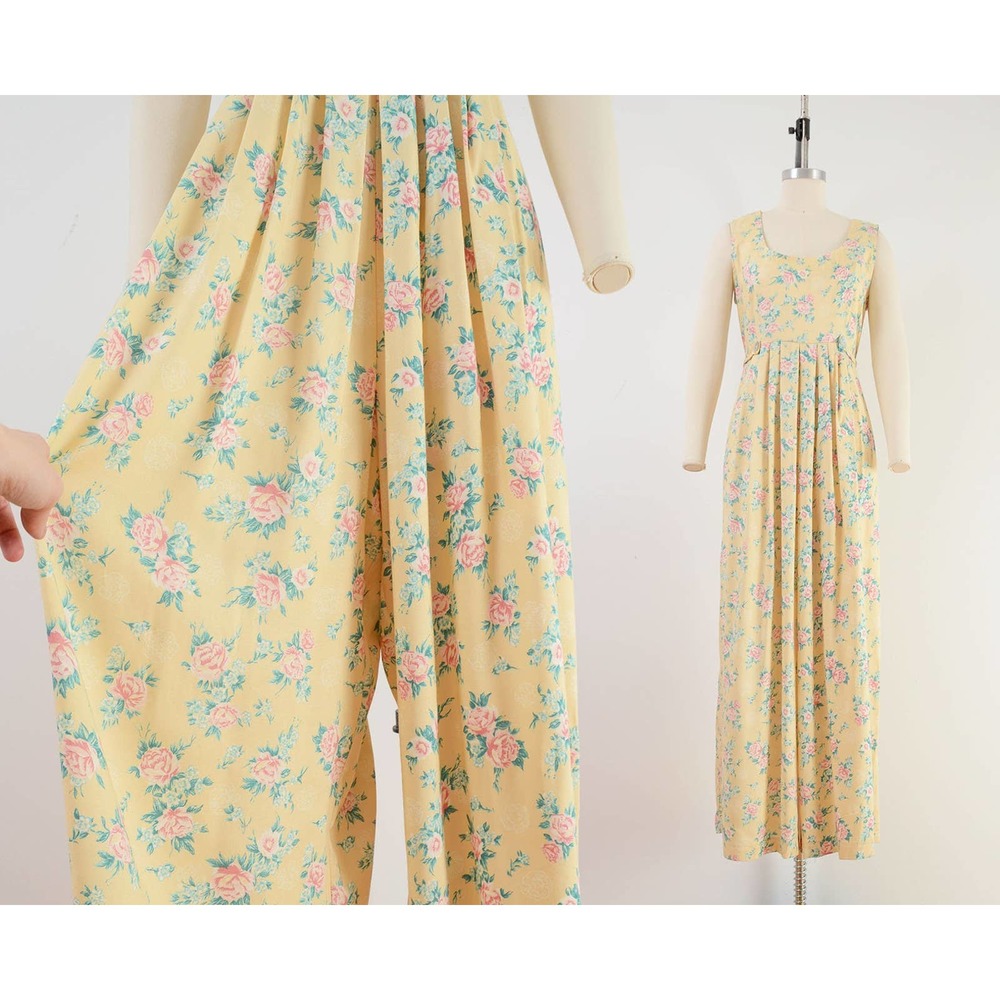 Vintage 90s Yellow Floral Jumpsuit Cottagecore Wide Leg Palazzo Pantsuit Medium